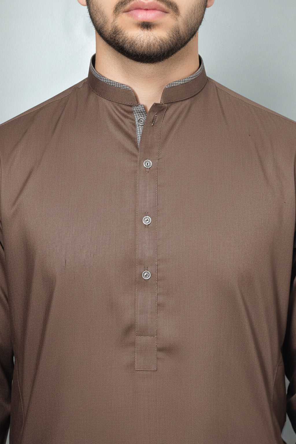 Mink Kurta with Check-Trimmed Band Collar & Metal Buttons