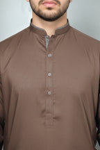 Mink Kurta with Check-Trimmed Band Collar & Metal Buttons