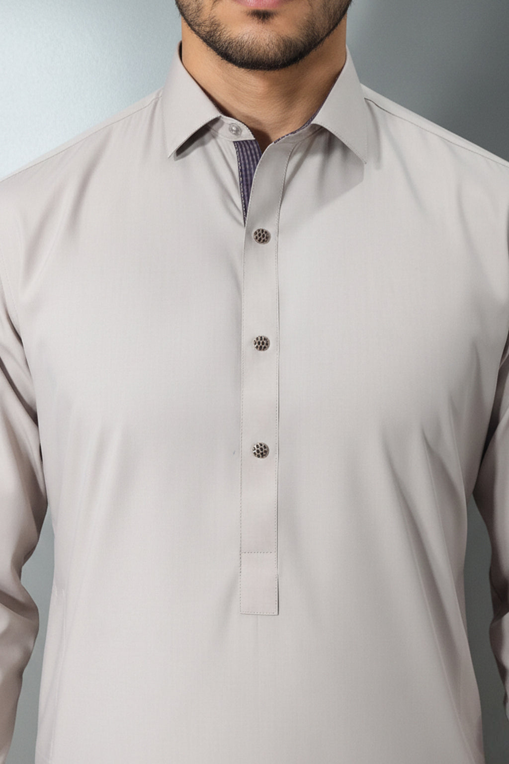 Ecru Kameez Shalwar with Check Lining Collar & Textured Buttons