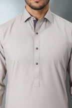 Ecru Kameez Shalwar with Check Lining Collar & Textured Buttons