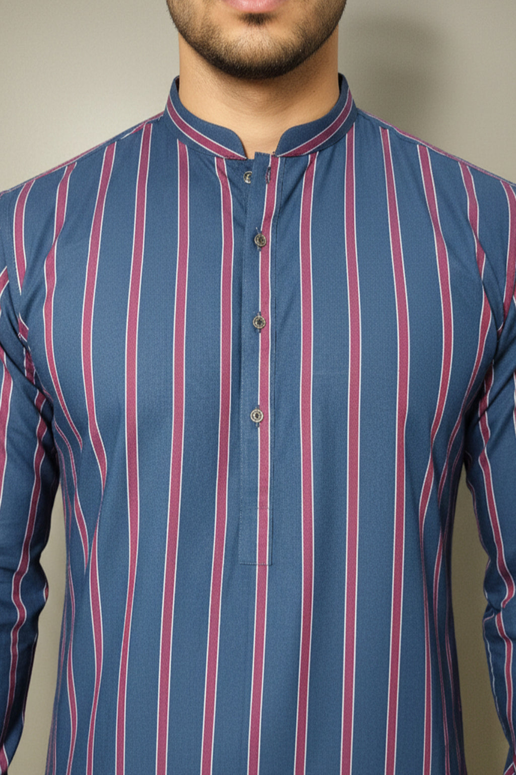 Navy Stripe Kurta with Trimmed Band Collar & Metal Buttons
