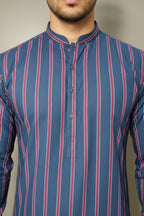 Navy Stripe Kurta with Trimmed Band Collar & Metal Buttons