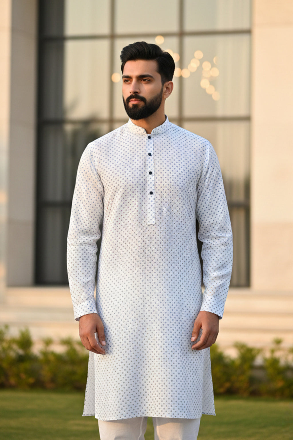 White Micro-Motif Kurta Shalwar with Band Collar & Black Buttons