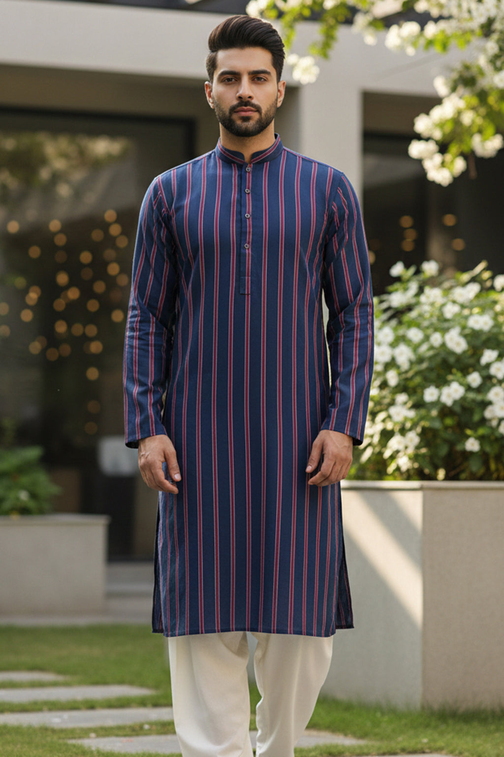 Navy Stripe Kurta with Trimmed Band Collar & Metal Buttons
