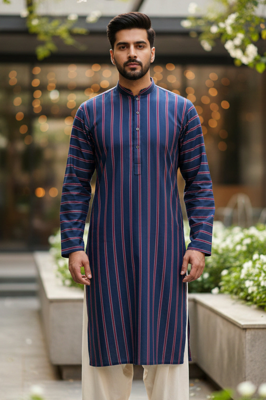 Navy Stripe Kurta with Trimmed Band Collar & Metal Buttons