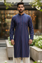 Navy Stripe Kurta with Trimmed Band Collar & Metal Buttons