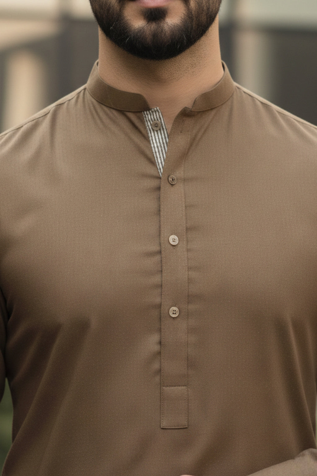 Moss Olive Kurta Shalwar— Check Placket Detail