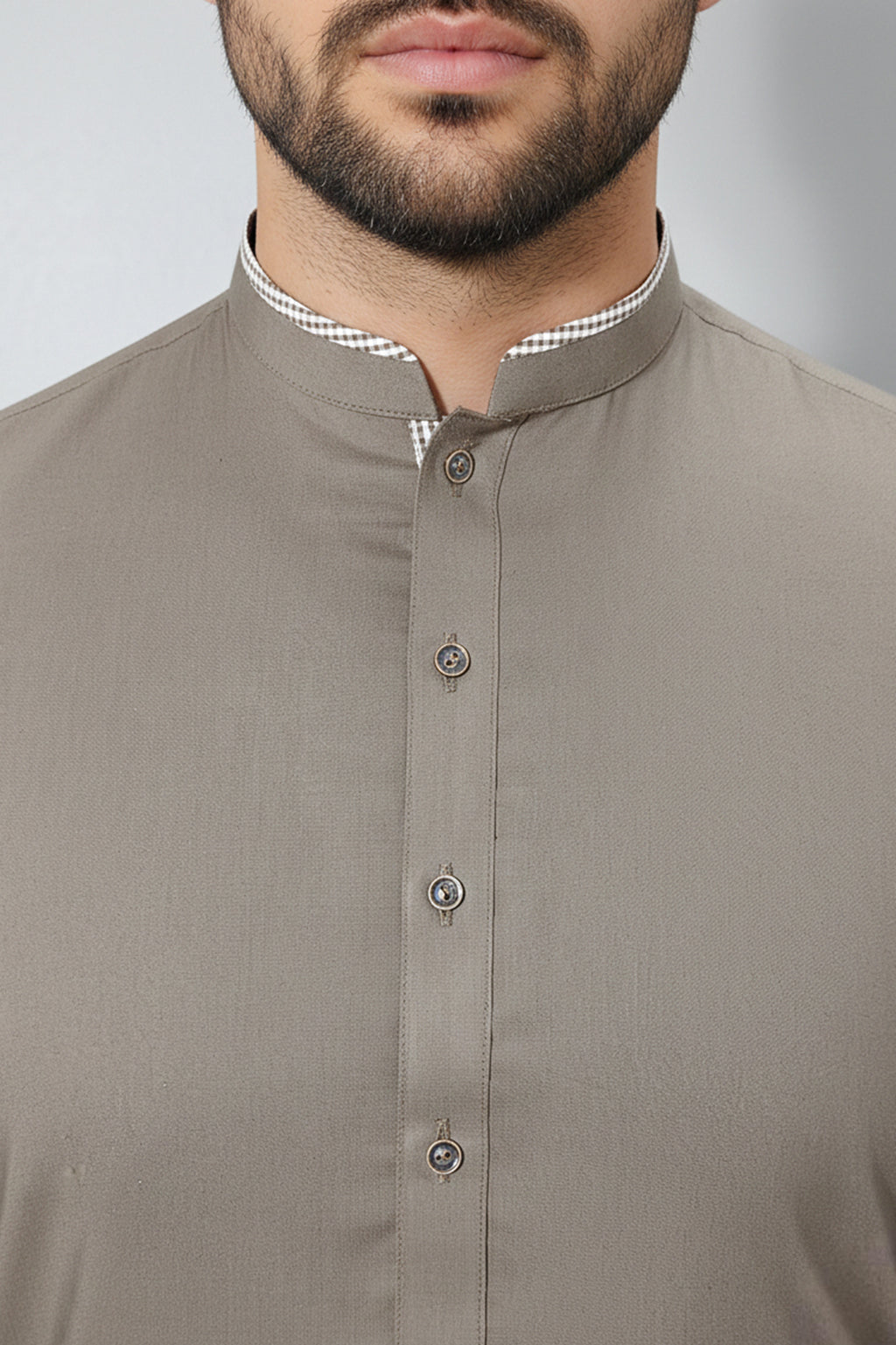 Refined Taupe Kurta—Contrast Check Band Collar