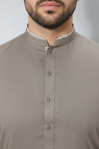 Refined Taupe Kurta—Contrast Check Band Collar