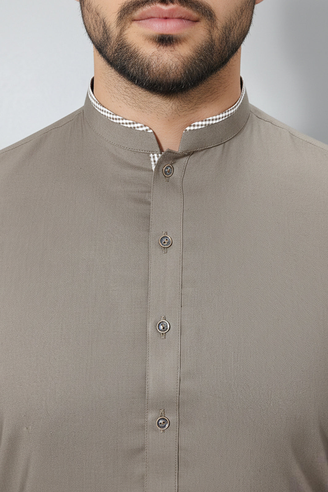Refined Taupe Kurta—Contrast Check Band Collar