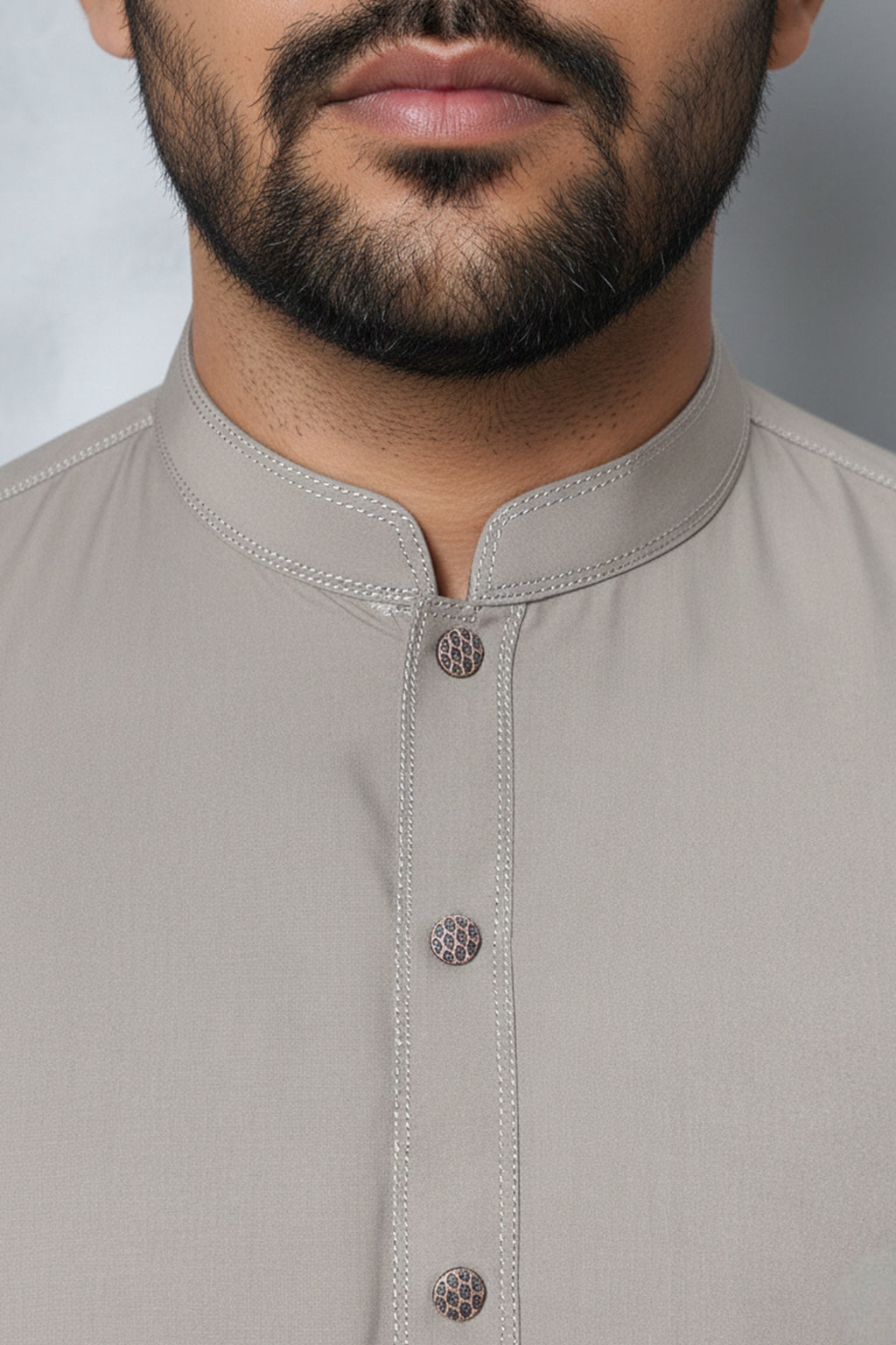 Dim Grey Kurta Shalwar—Contrast Double Stitch Band Collar with Brass Metal Button