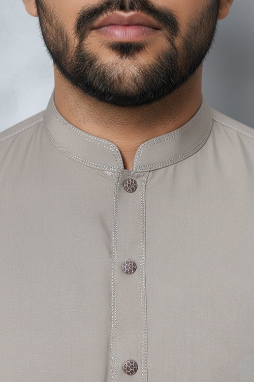 Dim Grey Kurta Shalwar—Contrast Double Stitch Band Collar with Brass Metal Button