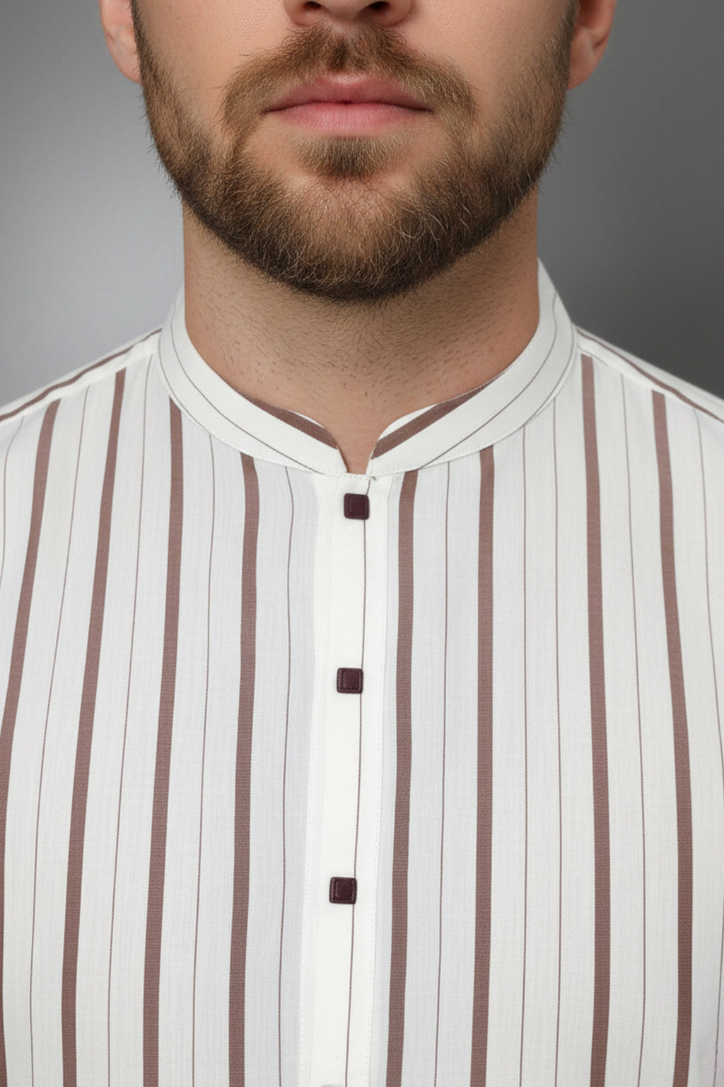 Vietnam Imported Quality Ivory Stripe Kurta ( Trimmed Band Collar & Square Buttons )  with Off white Shalwar