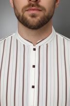 Vietnam Imported Quality Ivory Stripe Kurta ( Trimmed Band Collar & Square Buttons )  with Off white Shalwar