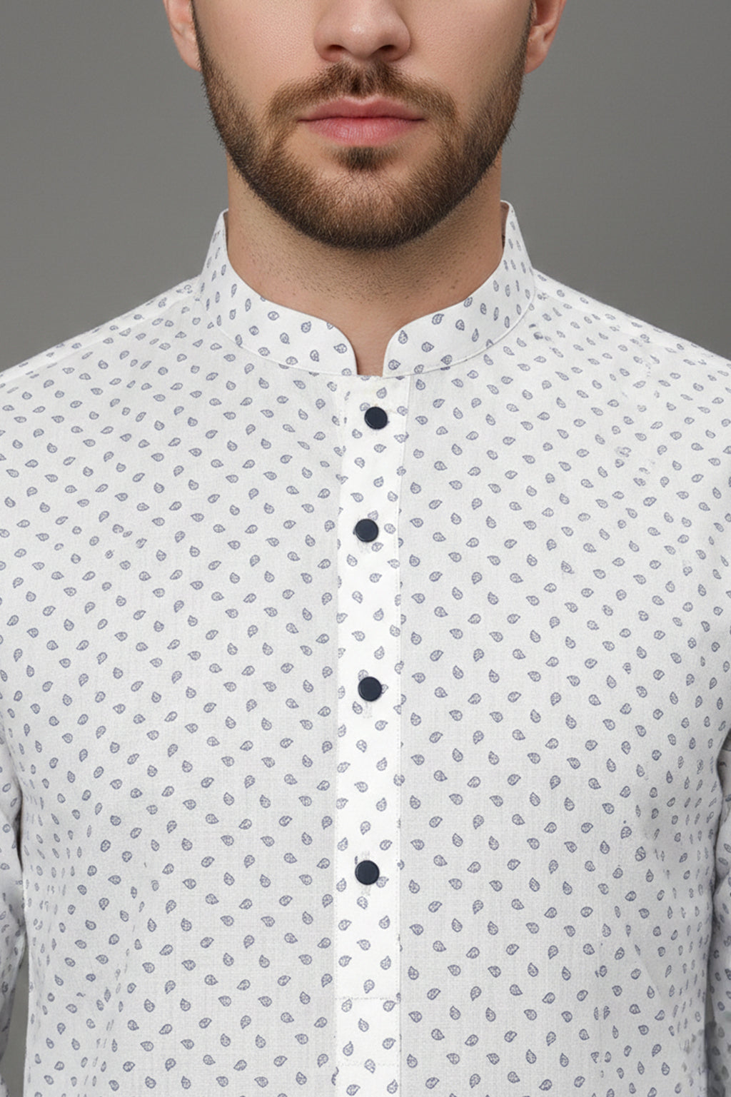 White Micro-Motif Kurta Shalwar with Band Collar & Black Buttons