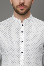 White Micro-Motif Kurta Shalwar with Band Collar & Black Buttons