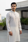 Vietnam Imported Quality Ivory Stripe Kurta ( Trimmed Band Collar & Square Buttons )  with Off white Shalwar