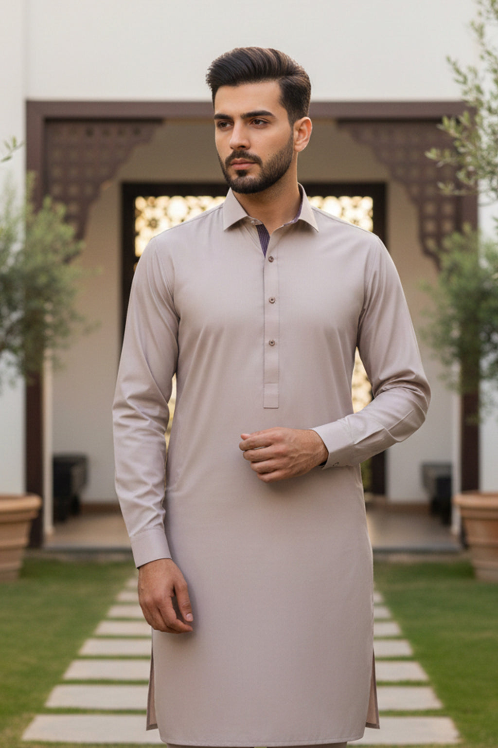 Ecru Kameez Shalwar with Check Lining Collar & Textured Buttons