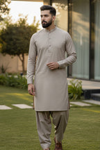 Dim Grey Kurta Shalwar—Contrast Double Stitch Band Collar with Brass Metal Button