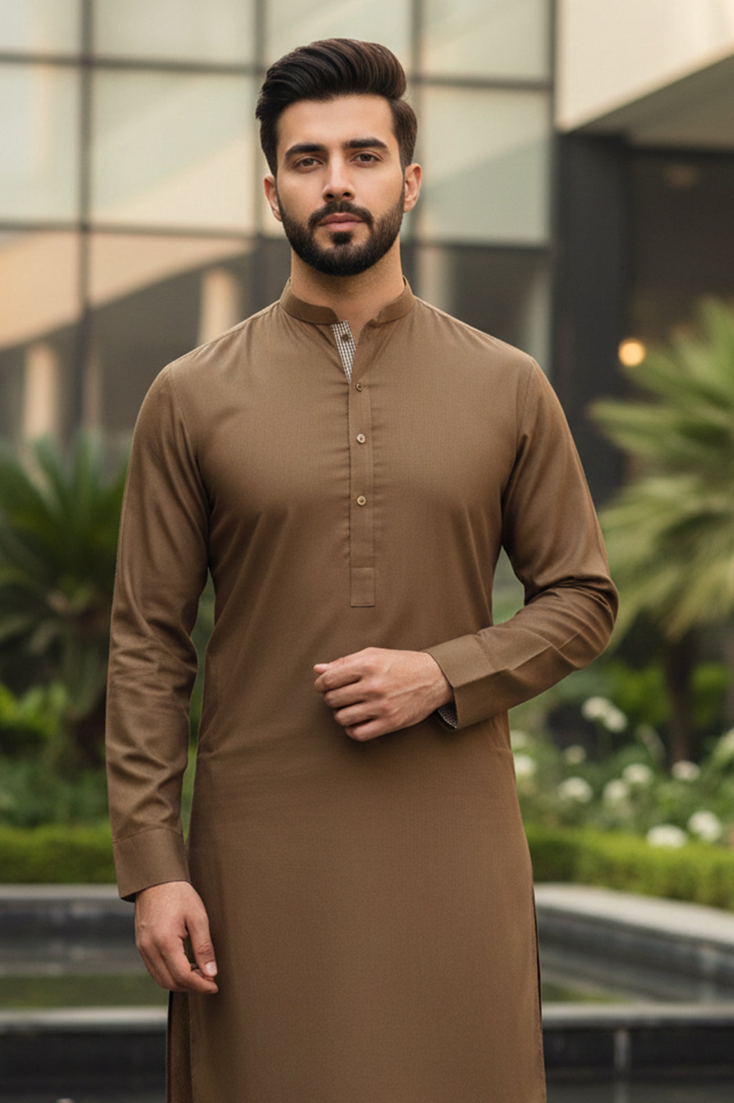 Moss Olive Kurta Shalwar— Check Placket Detail
