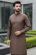Mink Kurta with Check-Trimmed Band Collar & Metal Buttons