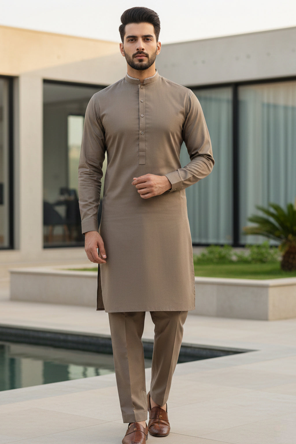 Refined Taupe Kurta—Contrast Check Band Collar