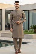 Refined Taupe Kurta—Contrast Check Band Collar