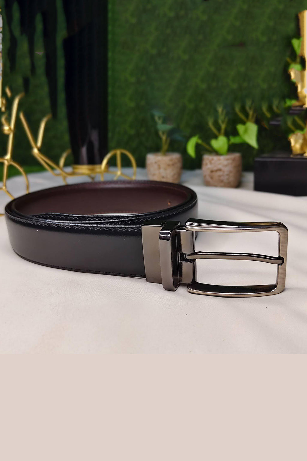 Men’s Luxury Reversible Leather Belt – Brown &amp; Black Dual-Side with Polished Gunmetal Buckle