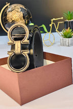 Designer inspired Men’s Black Leather Belt with Antique Double Layer Double-Ring Buckle