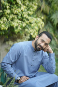 Men’s Premium Sky Blue Kurta Suit –  With Navy Blue Dotted Contrast Inner Placket & White Buttons