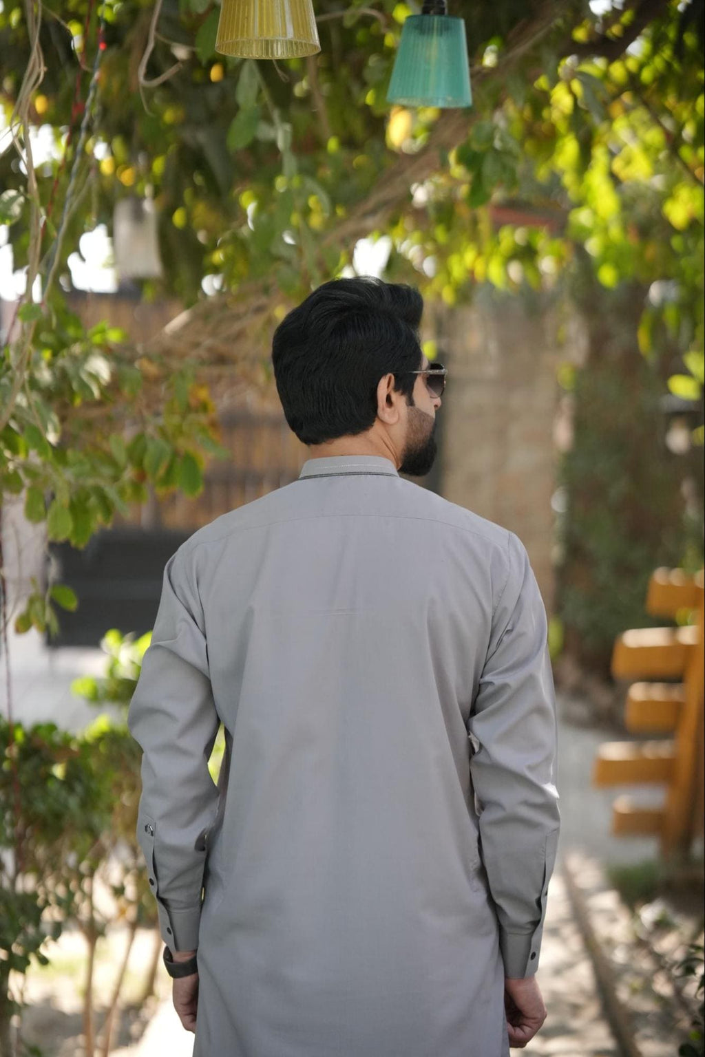 Men’s Premium Ash Gray Kurta Suit –  With Contrast Dark Gray Ban Design Buttons.