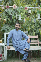 Men’s Premium Sky Blue Kurta Suit –  With Navy Blue Dotted Contrast Inner Placket & White Buttons