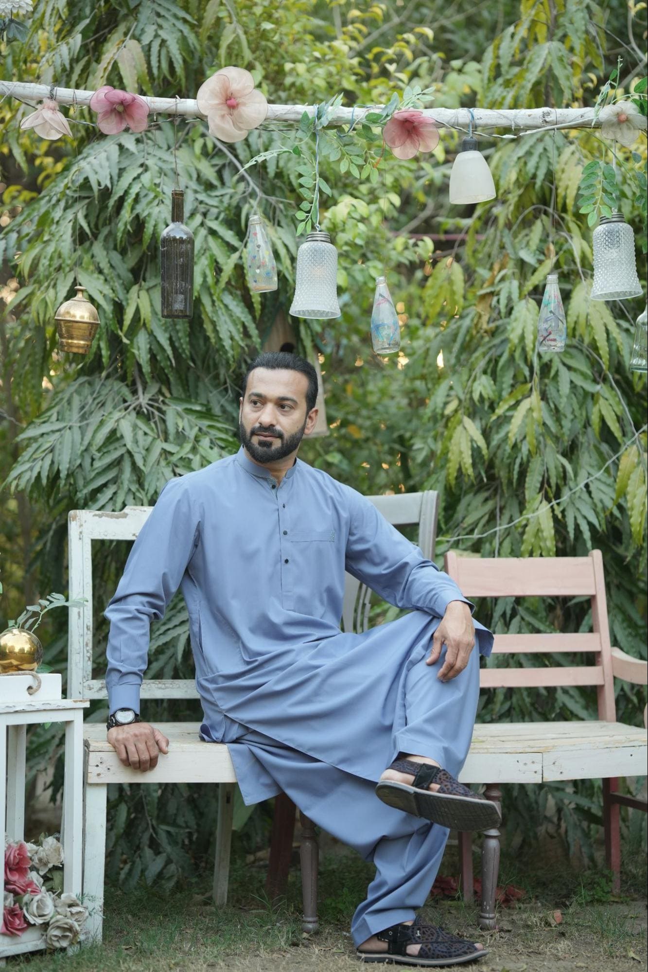 Men’s Premium Sky Blue Kurta Suit –  With Navy Blue Dotted Contrast Inner Placket & White Buttons