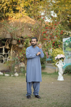 Men’s Premium Sky Blue Kurta Suit –  With Navy Blue Dotted Contrast Inner Placket & White Buttons
