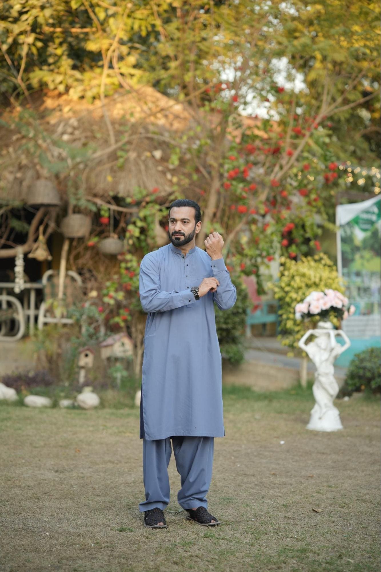 Men’s Premium Sky Blue Kurta Suit –  With Navy Blue Dotted Contrast Inner Placket & White Buttons