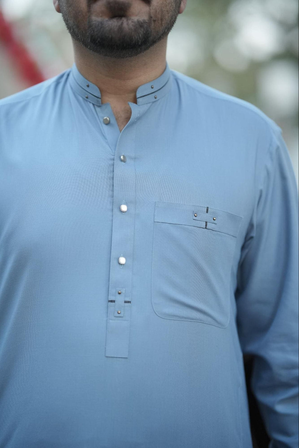 Elite Sky Blue Men’s Kurta – Minimalist Band Collar with Signature Metal Button Accents