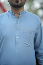 Elite Sky Blue Men’s Kurta – Minimalist Band Collar with Signature Metal Button Accents