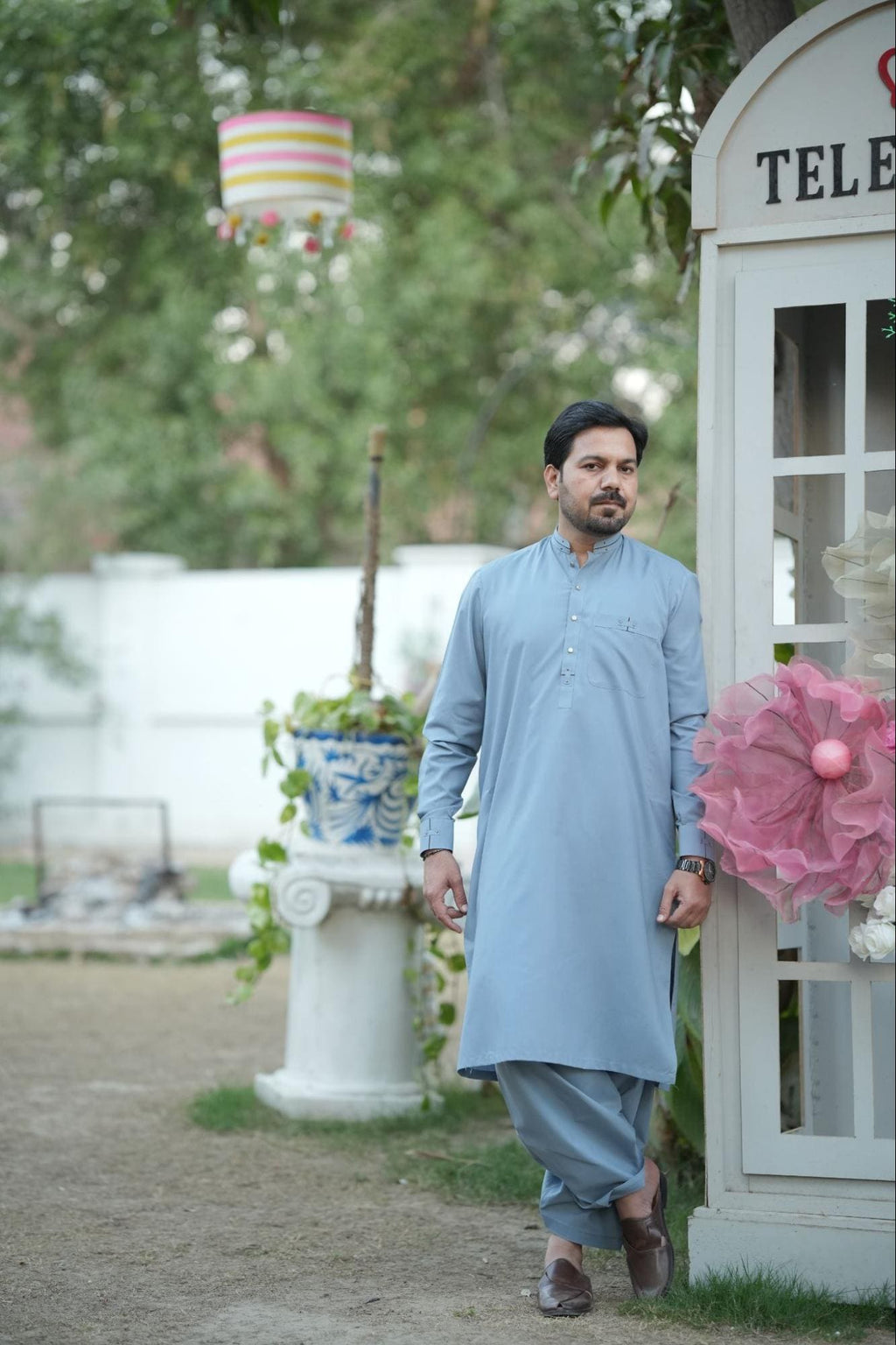 Elite Sky Blue Men’s Kurta – Minimalist Band Collar with Signature Metal Button Accents