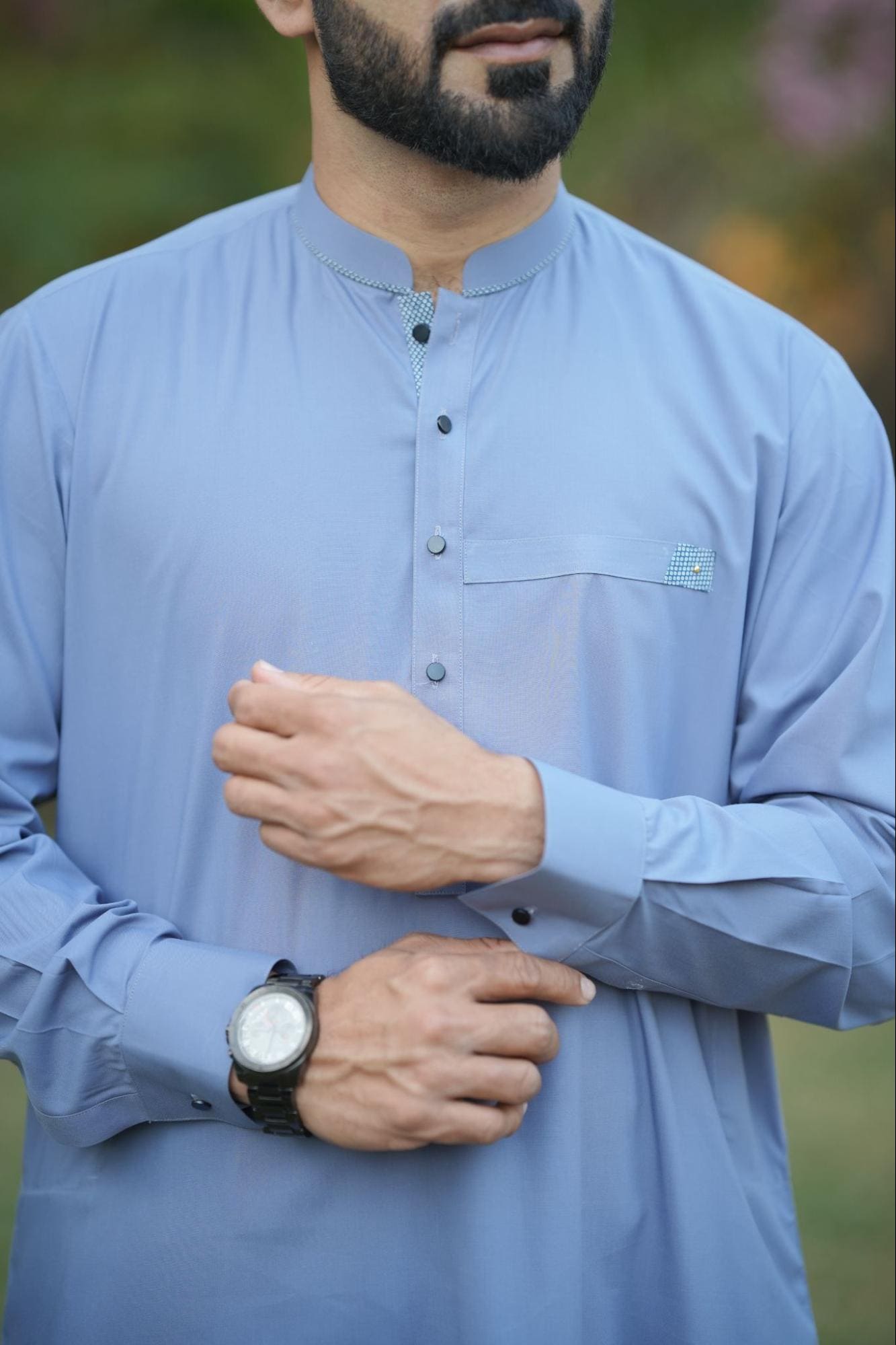 Men’s Premium Sky Blue Kurta Suit –  With Navy Blue Dotted Contrast Inner Placket & White Buttons