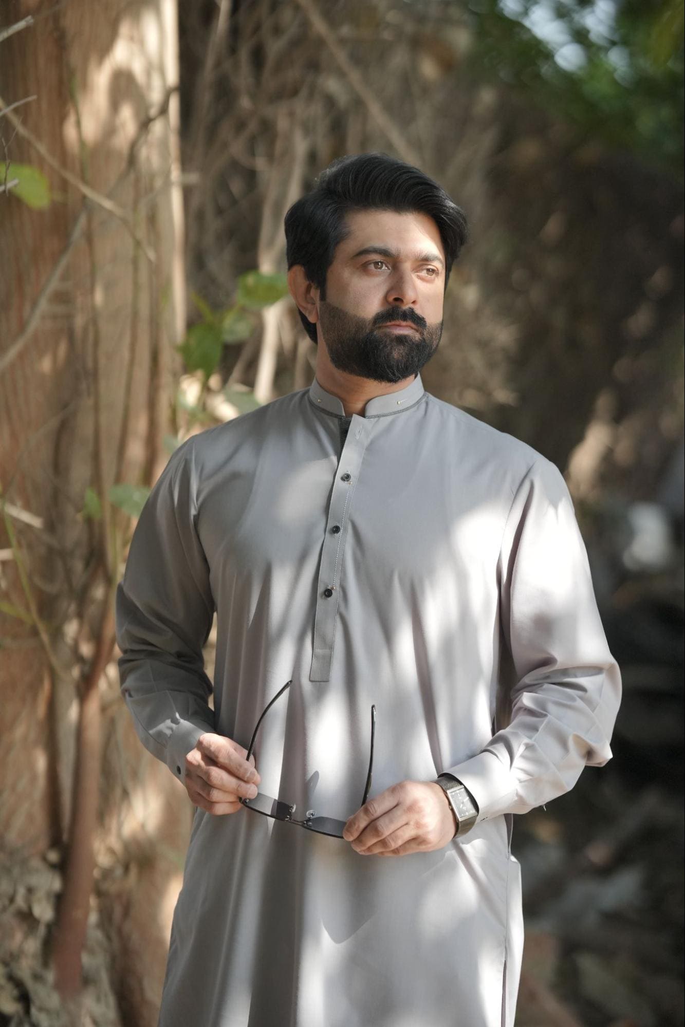 Men’s Premium Ash Gray Kurta Suit –  With Contrast Dark Gray Ban Design Buttons.