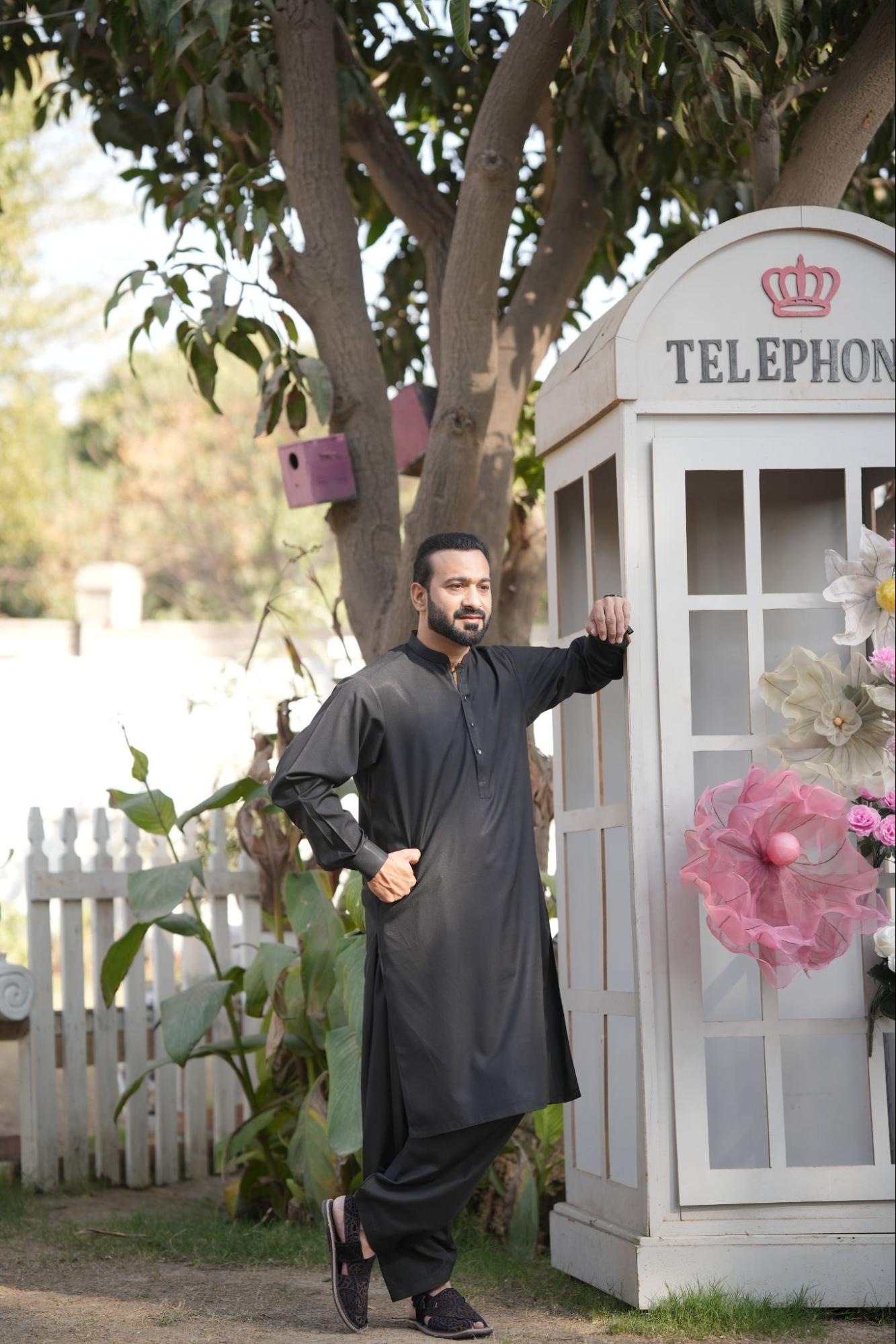 Men’s Premium Black Boski Kurta Suit –  With Dotted Gray + Mustard Contrast Inner Placket & With Packing Gift Box.