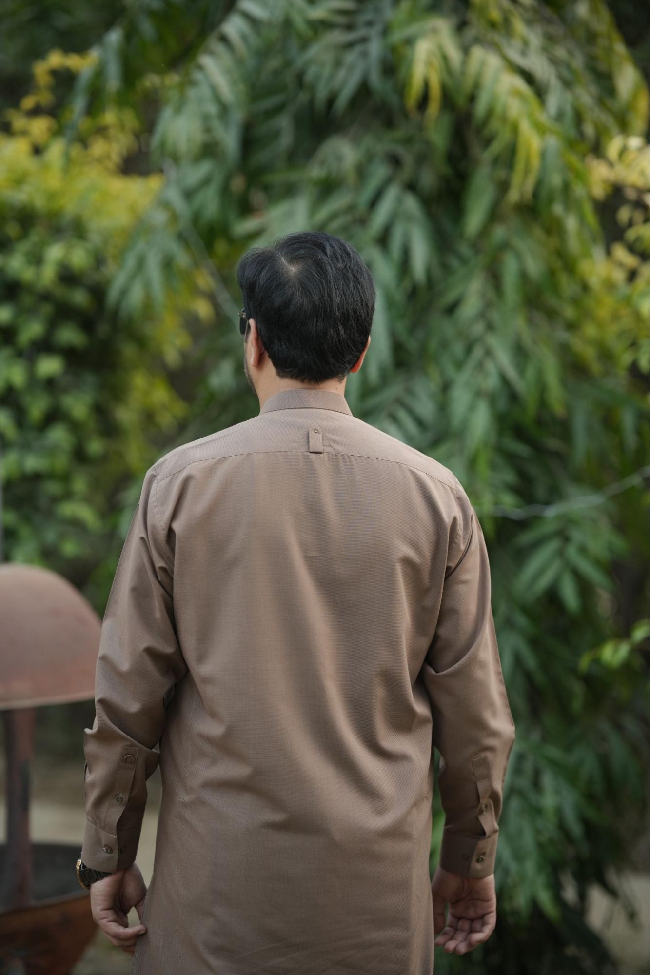 Men’s Premium Textured Kurta Suit – Taupe Brown with Minimal Button Placket with Special Packing Gift BoX