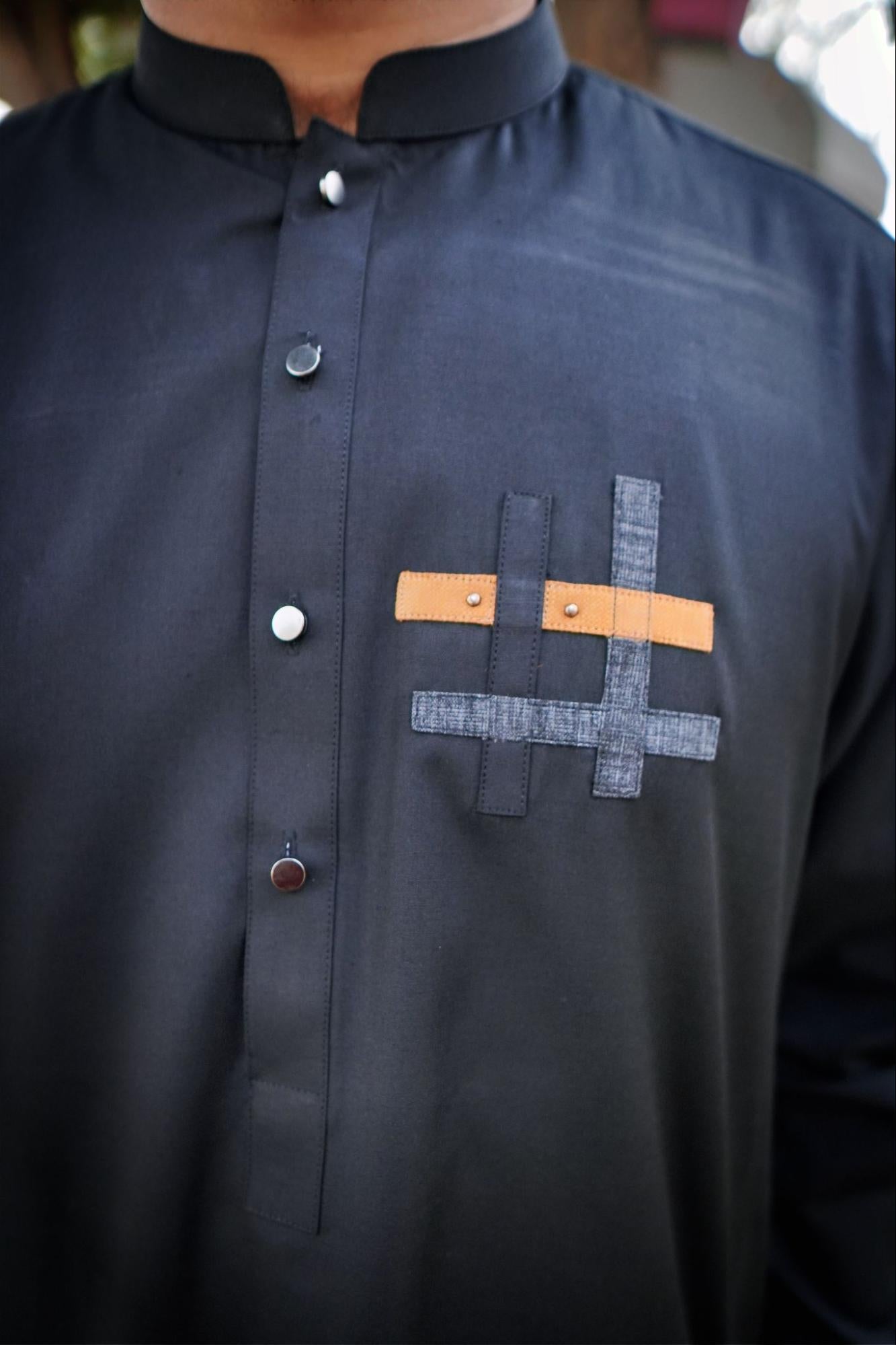 Men’s BLACK Denim Kurta with Emblem Cross Patch.
