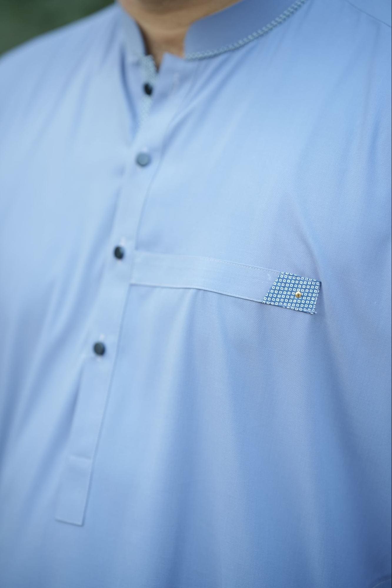 Men’s Premium Sky Blue Kurta Suit –  With Navy Blue Dotted Contrast Inner Placket & White Buttons