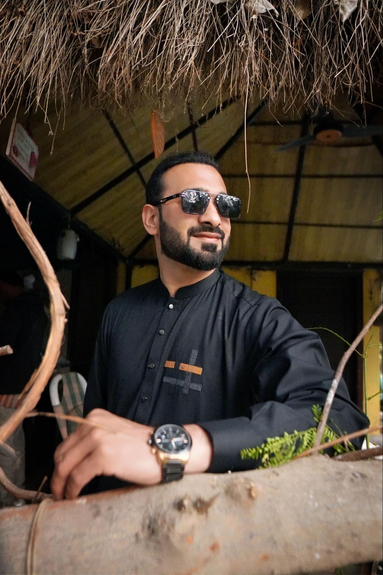 Men’s BLACK Denim Kurta with Emblem Cross Patch.