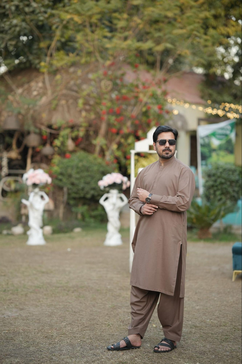 Men’s Premium Textured Kurta Suit – Taupe Brown with Minimal Button Placket with Special Packing Gift BoX