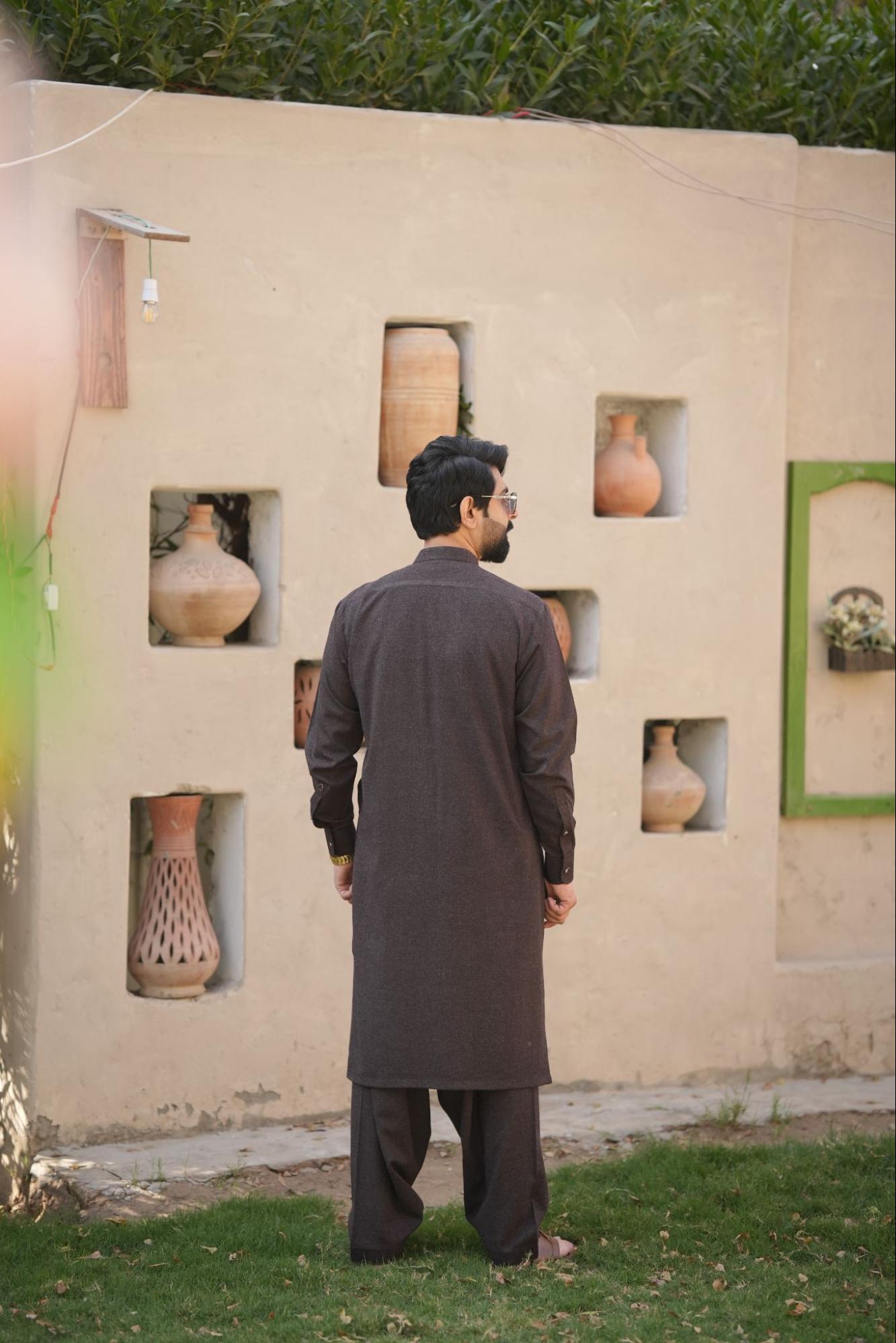 Men’s Premium Dark Brown Imported Wool Kurta Shalwar –  With Elegant Packing Gift Box.