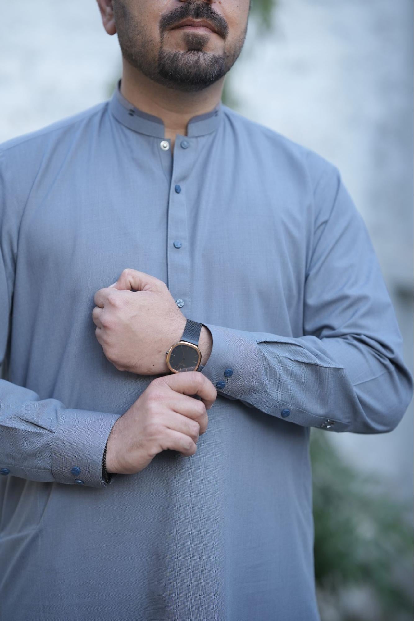 Men’s Premium Gray color Double contrast Band Collar Kurta Suit –  With Packing Gift Box.