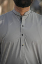 Men’s Premium Ash Gray Kurta Suit –  With Contrast Dark Gray Ban Design Buttons.