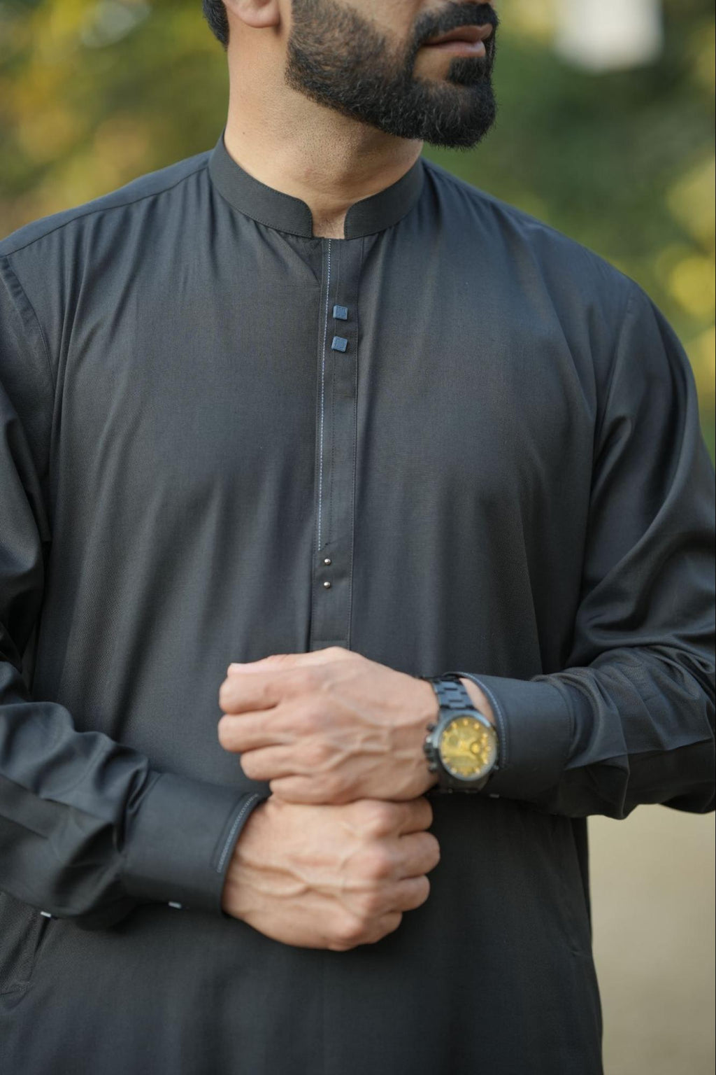 Men’s Premium Solid Black Kurta Suit – Textured Fabric with Contrast Button Placket